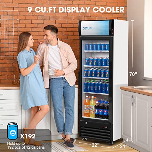  Commercial Merchandiser Refrigerator With LED Lighting Single Glass Door, 9.0 Cu Ft Upright Display Beverage Cooler With Extra Shelves Drink Holders, ETL NSF Approved