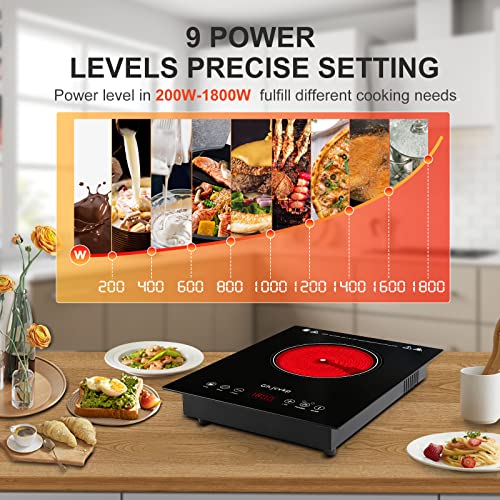  Portable Hot Plate Electric Cooktop, 1800W Single Countertop Burner With 9 Power Levels, Infrared Ceramic Burner For Cooking, Sensor Touch, 4-hour Timer, Safety Lock