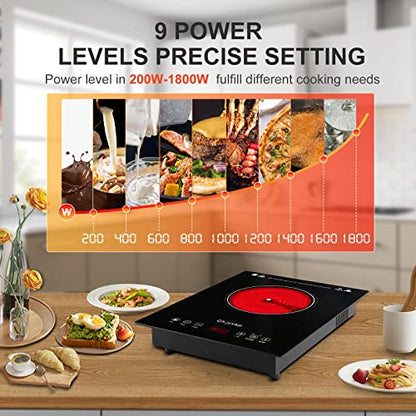  Portable Hot Plate Electric Cooktop, 1800W Single Countertop Burner With 9 Power Levels, Infrared Ceramic Burner For Cooking, Sensor Touch, 4-hour Timer, Safety Lock