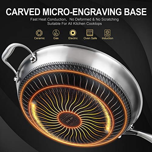  Wok Pan With Lid, 12.5 Inch Stainless Steel Woks & Stir-fry Pans With Stay Cool Handle, Flat Bottom Wok With Vertical Lid, Induction Wok, Dishwasher And Oven Safe