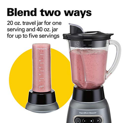 Hamilton Beach 58181 Blender To Puree, Crush Ice, And Make Shakes And Smoothies, 40 Oz Glass Jar, 6 Functions + 20 Oz Travel Container, Gray