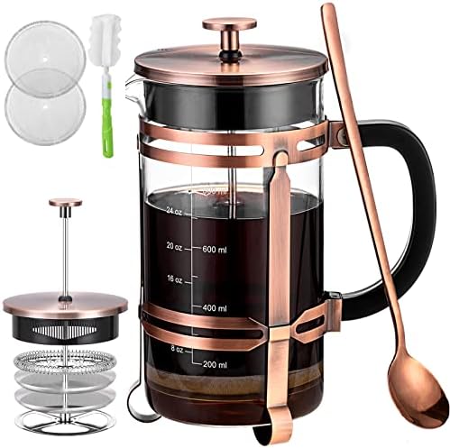  French Press Coffee Maker (34 Oz) With 4 Filters - 304 Durable Stainless Steel, Heat Resistant Borosilicate Glass Coffee Press, BPA （include 1 Cleaning Brush,1 Spoon And 2 Spare Filter Screen）