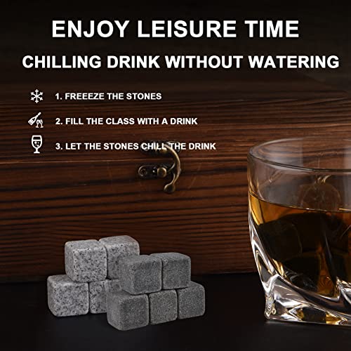  Bourbon Whiskey Stones Gift Set, Includes 2 CycloneGlass, 10 Chilling Stones, Velvet Carry Bag, Stainless Steel Tongs, Wine Stopper In Superior Wooden Boxes For Father's Day, Retirement Gifts