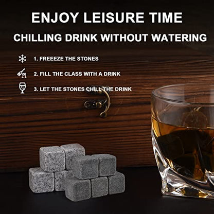  Bourbon Whiskey Stones Gift Set, Includes 2 CycloneGlass, 10 Chilling Stones, Velvet Carry Bag, Stainless Steel Tongs, Wine Stopper In Superior Wooden Boxes For Father's Day, Retirement Gifts