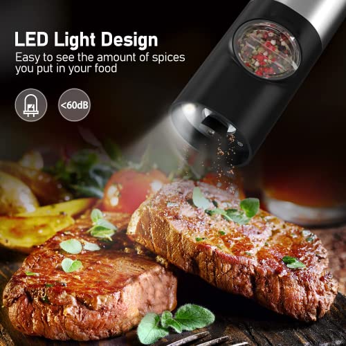  Lectric Salt And Pepper Grinder Set, EAGMAK Battery Powered Automatic 70ml Pepper Mill Grinders, Stainless Steel Electronic Mill Shakers With Adjustable Coarseness, LED Light & Storage Base (2 Pack)