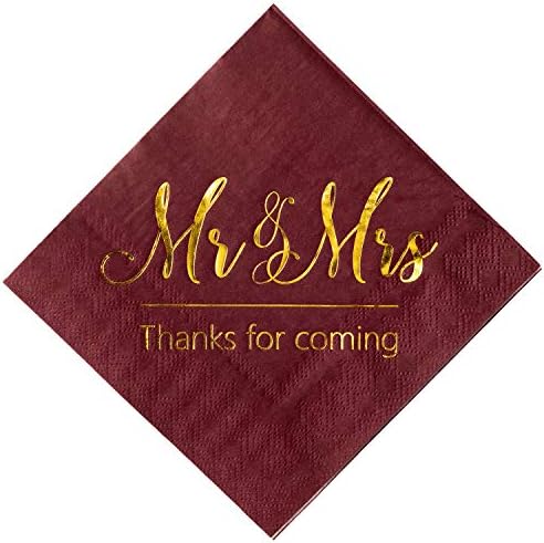  Wedding Napkins Mr Mrs Burgundy Silver Cocktail Beverage Dessert Disposable Napkins For Wedding Shower Engagement Party Decorations, Wedding Table Decor, 100 Pcs, 3-Ply