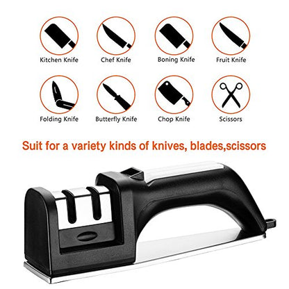  Fe Sharpener - Kitchen Knife Sharpener For Knife Sharpening Kit Knives & Blades, 2 Stage Manual Chef Knife Cutlery Sharpener With Diomand Abrasives(Black-Silver)