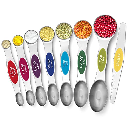  Magnetic Measuring Spoons Set Stainless Steel, Dual Sided For Liquid Dry Food, Measuring Cups Spoons Set Fits In Spice Jar, Kitchen Gadgets, Cooking Utensils Set, Including Leveler, 8Color