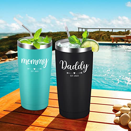  Daddy And Mommy Est 2023 Travel Tumbler, New Parents Insulated Tumblers 20Oz, Mom Dad Gift For Mother's Day, Father's Day, Christmas, New Pregnancy, Birthday, Baby Shower (Black Aqua Blue)