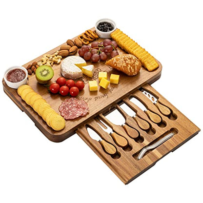  Acacia Wood Cheese Board & Knife Set Extra Large Charcuterie Boards Set & Accessories House Warming Gift Perfect Choice For Christmas Wedding