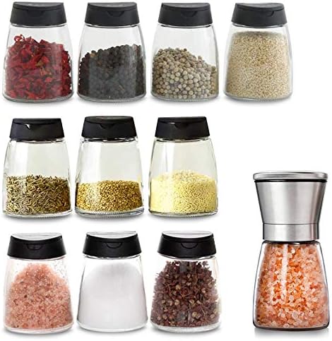  4+1PCS Glass Spice Jars With Shaker Pour Lid, Seasoning Shakers Glass Bottles Spice Shakers Salt & Pepper Shaker Container Set With Gift Grinder Fits In Home,Kitchen,Barbecue (4)