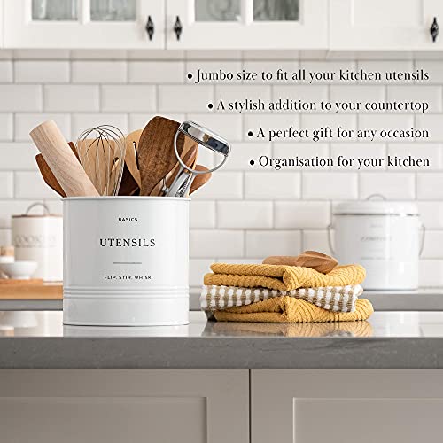  Farmhouse Kitchen Utensil Holder (Jumbo Size - 7" X 7”) - Large Utensil Caddy For Countertop, Utensil Holder For Kitchen Counter Decor, Utensil Organizer (White)
