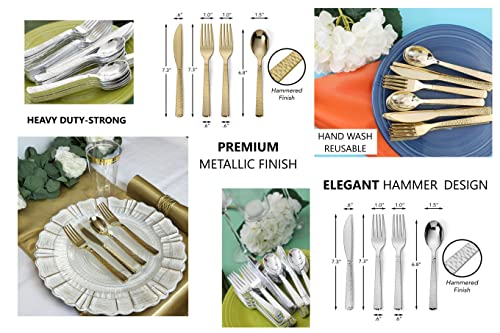  Erfect Settings 300 Pieces Gold Plastic Cutlery Set - Gold Metallic Plastic Silverware With A Hammered Finish - Tableware Set (75 Plastic Spoons, 75 Plastic Knives, 150 Plastic Forks)