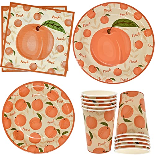  Peach Fruit Party Supplies Tableware Set Includes 24 9" Paper Plates 24 7" Plate 24 9 Oz Cups 50 Lunch Napkins For Sweet As Peaches Summer Tropical Themed Disposable Baby Shower Birthday Dinnerware