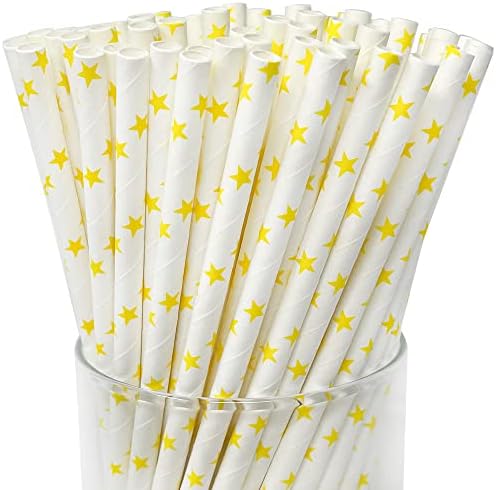  Premium Disposable Drinking Paper Straws (100pcs, Star, Metallic Gold)