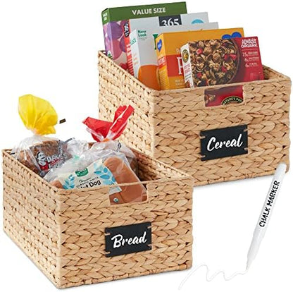 Best Choice Products Antry Baskets Set Of 2 16x12in Water Hyacinth Storage Baskets, Woven Wicker Kitchen Organizers With Handles W/Chalkboard Label Chalk Marker - Natural