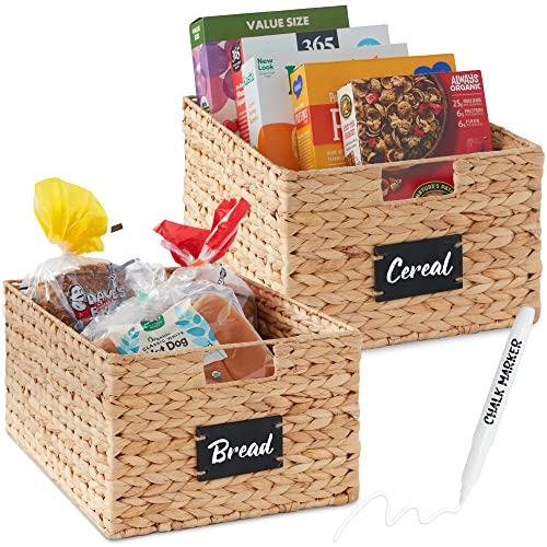 Best Choice Products Antry Baskets Set Of 2 16x12in Water Hyacinth Storage Baskets, Woven Wicker Kitchen Organizers With Handles W/Chalkboard Label Chalk Marker - Natural
