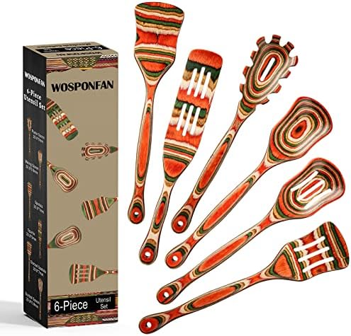 Wooden Spoons For Cooking, WOSPONFAN Kitchen Utensils Set, Pakkawood Kitchen Cooking Utensils Set, Apartment Essentials Wood Serving Spatula Spoon, Salad Tongs, Home & Kitchen Gift For Women