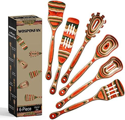  Wooden Spoons For Cooking, WOSPONFAN Kitchen Utensils Set, Pakkawood Kitchen Cooking Utensils Set, Apartment Essentials Wood Serving Spatula Spoon, Salad Tongs, Home & Kitchen Gift For Women