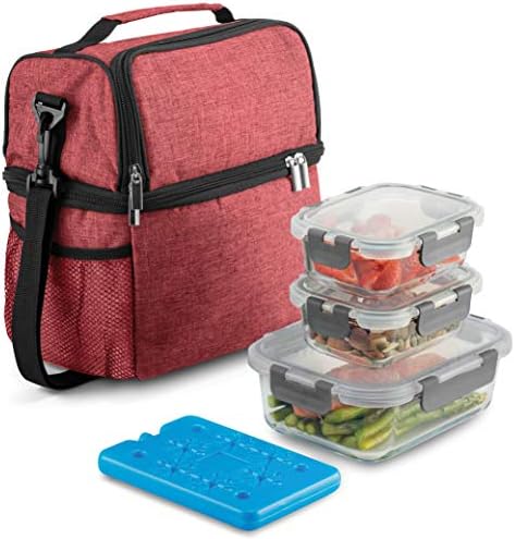  INEDINE Lunch Bag With Glass Containers - Insulated Lunch Box For Women And Men - Leakproof Locking Lids & Ice Pack - 2-Compartment Cooler Tote For Work (Black)