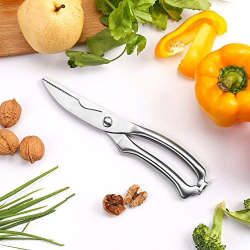  Heavy Duty Poultry Shears WELLSTAR, Utility Ultra Sharp Spring Loaded Kitchen Scissors For Meat Chicken Fish Seafood BBQ Stainless Steel Food Scissors (Silver)