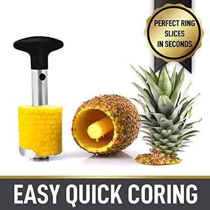  Pineapple Corer And Slicer Tool - Stainless Steel Pineapple Cutter With Sharp Built-in Blade & Detachable Handle - Heavy-Duty Pineapple Corer For Easy Coring & Ring Slices (Black)