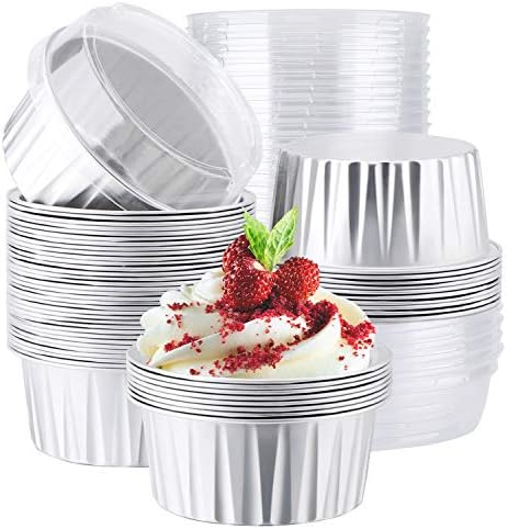  Disposable Ramekins, Gold 50pcs 5oz Mini Aluminium Foil Baking Cups With Lids Creme Brulee Cupcake Liners, Desert Cheesecake Pans Flan Molds Tin Cups Containers For Party Favor Birthday