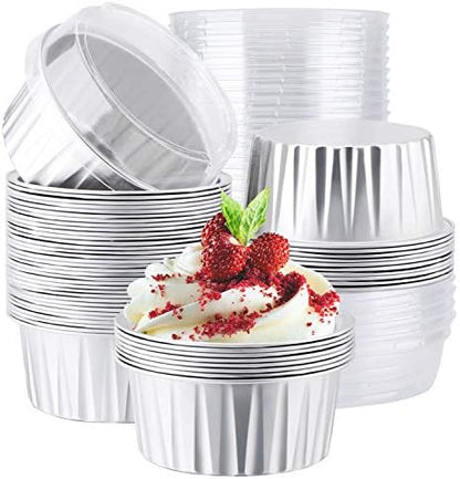  Disposable Ramekins, Gold 50pcs 5oz Mini Aluminium Foil Baking Cups With Lids Creme Brulee Cupcake Liners, Desert Cheesecake Pans Flan Molds Tin Cups Containers For Party Favor Birthday