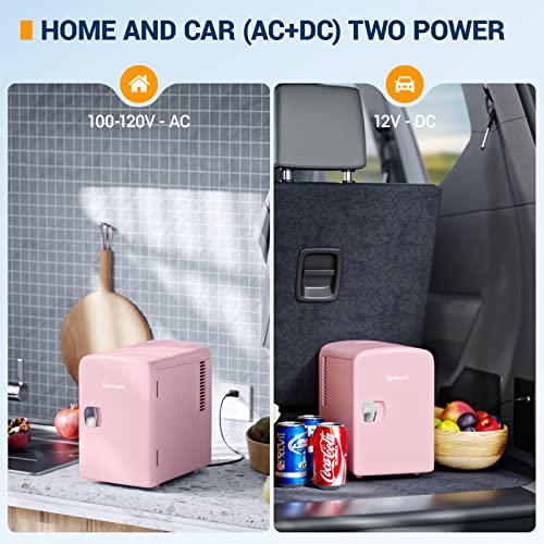  Mini Fridge, 4 Liter/6 Can AC/DC Portable Thermoelectric Cooler And Warmer Refrigerators (Pink) (Renewed)