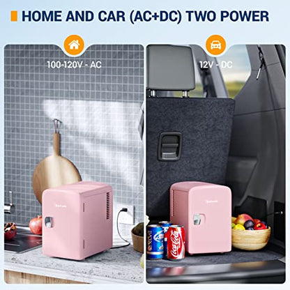  Mini Fridge, 4 Liter/6 Can AC/DC Portable Thermoelectric Cooler And Warmer Refrigerators (Pink) (Renewed)