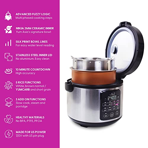  Asia Kumo YumCarb Rice Cooker With Ceramic Bowl And Advanced Fuzzy Logic, (5.5 Cups, 1 Litre), 5 Rice Cooking Functions, 3 Multicooker Functions, 110V US Power (Light Stainless Steel)