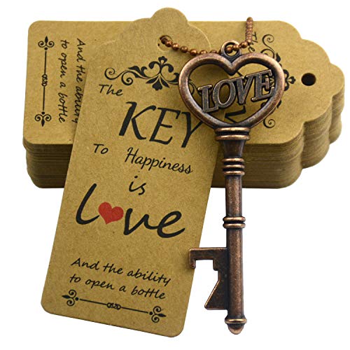  52pcs Vintage Skeleton Key Bottle Opener With Love Heart Escort Thank You Tags And Keychain As Wedding Favor For Wedding Guest Wedding Decor (Antique Copper)