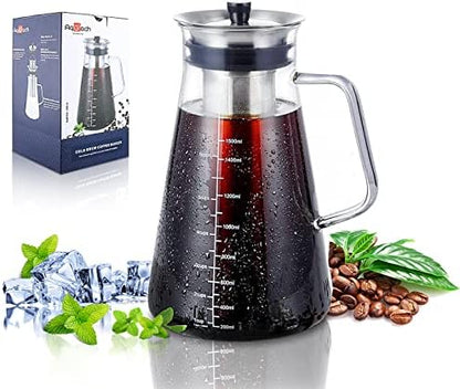  Cold Brew Coffee Iced Tea Maker & Fruit Pitcher - Large Capacity 68 Ounces - With Durable Glass Carafe/Fine Mesh Steel Infuser/Airtight Lid