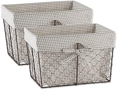  Farmhouse Chicken Wire Storage Baskets With Liner, Medium, Antique French Blue Gingham Check, 11x7.88x7", 2 Piece