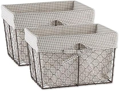  Farmhouse Chicken Wire Storage Baskets With Liner, Medium, Antique French Blue Gingham Check, 11x7.88x7", 2 Piece