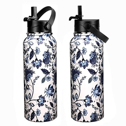  40 Oz Stainless Steel Water Bottle, Insulated Double Wall Vacuum Leak Proof Water Flask, Metal Thermo Canteen Mug —Wide Mouth With 2 Straw Lids