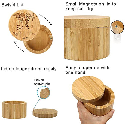  Salt Cellar, Bamboo Salt Box, Salt Container With Spoon, Salt Holder With Lid, Salt Shaker, Cumin And Pepper Bowl With Magnetic Swivel Lid (1 Box With Engraved Salt)… (2 PCS)