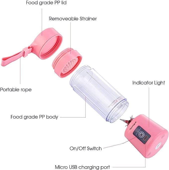  Ianmingwei Portable Blender USB Personal Juicer Cup 6 Blades Rechargeable Fruit Mixing Machine For Baby Travel 380ml[New Version] (Pink)