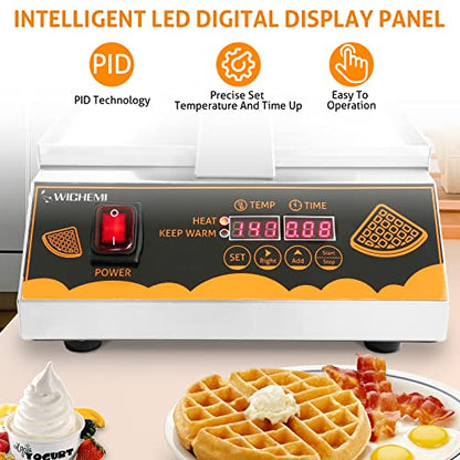  Waffle Maker Commercial Belgian Waffle Maker Belgium Waffles Iron Machine 180° Rotating Flip Waffle Machine Intelligent LED Digital Non-Stick Waffle Maker Baker For Hotel Restaurant, 1250W