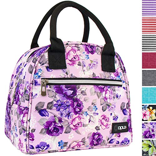  PUX Insulated Lunch Box Women, Lunch Bag Tote Girls Kids Teen Adult, Cute Soft Lunch Cooler Container Work School, Reusable Thermal Food Meal Prep Organizer Lunch Pail Travel Beach, Floral Purple