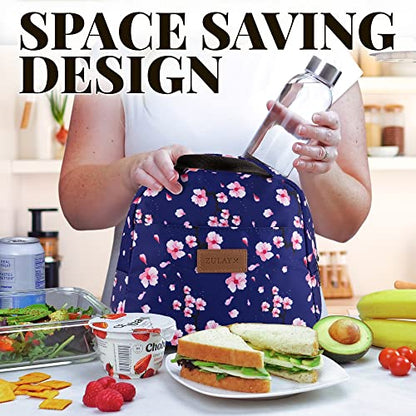  Insulated Lunch Box For Women - Tote Lunch Bag Women Insulated With Soft Padded Handles - Cute Lunch Bags For Women, Teens, Men - Ideal For Work, School, Picnics (Blue With Pink Flowers)