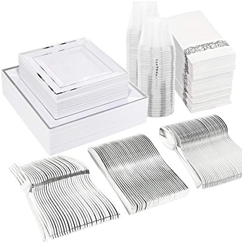  50 Guest Gold Plastic Plates With Disposable Cutlery& Gold Plastic Cups-Square Plastic Plates-Gold Plastic Utensils Set And Napkins For Wedding& Parties
