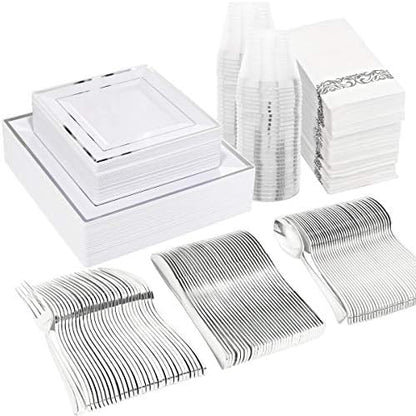  50 Guest Gold Plastic Plates With Disposable Cutlery& Gold Plastic Cups-Square Plastic Plates-Gold Plastic Utensils Set And Napkins For Wedding& Parties