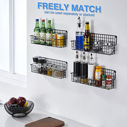  Spice Rack Wall Mount, Spice Organizer For Cabinet & Pantry Door, Set Of 4 Hanging Spice Rack Saving Space For Kitchen, Black