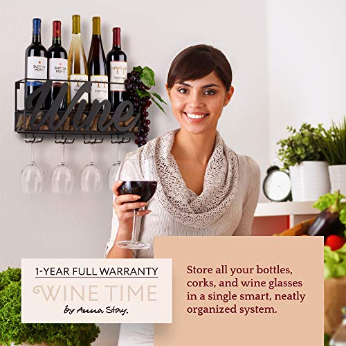  Wall Mounted Wine Rack - Bottle & Glass Holder - Cork Storage - Store Red, White, Champagne - Comes With 6 Cork Wine Charms - Home & Kitchen Décor - Designed By Anna Stay, Wine