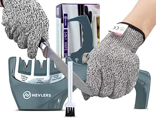  3 In 1 Kitchen Knife Sharpener With Cut Resistant Gloves | Knife Sharpeners For Kitchen Knives Preps, Repairs, Sharpens | Blade Sharpener With Diamond, Ceramic & Tungsten Steel Slots (Black)