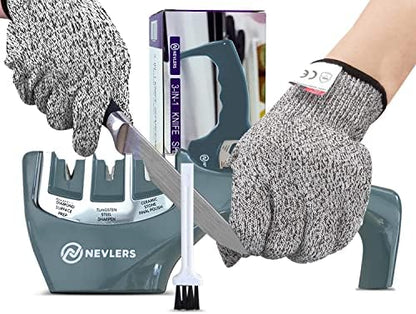  3 In 1 Kitchen Knife Sharpener With Cut Resistant Gloves | Knife Sharpeners For Kitchen Knives Preps, Repairs, Sharpens | Blade Sharpener With Diamond, Ceramic & Tungsten Steel Slots (Black)