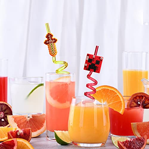 25 Reusable Pixel Straws For Miner Craft Party Supplies Favors, Pixel Spider Creepah Party Supplies Gift With 2 Cleaning Brushes