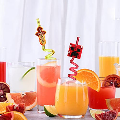  25 Reusable Pixel Straws For Miner Craft Party Supplies Favors, Pixel Spider Creepah Party Supplies Gift With 2 Cleaning Brushes