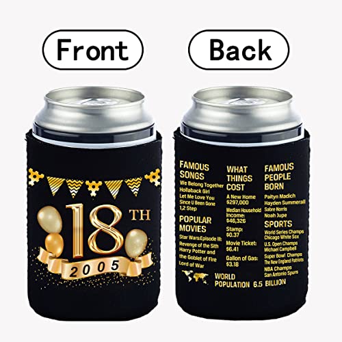  Tartness 18th Birthday Can Cooler Sleeves Pack Of 12-18th Anniversary Decorations- 2005 Decorate Sign - 18th Birthday Party Supplies - Black And Gold The Eighteenth Birthday Cup Coolers